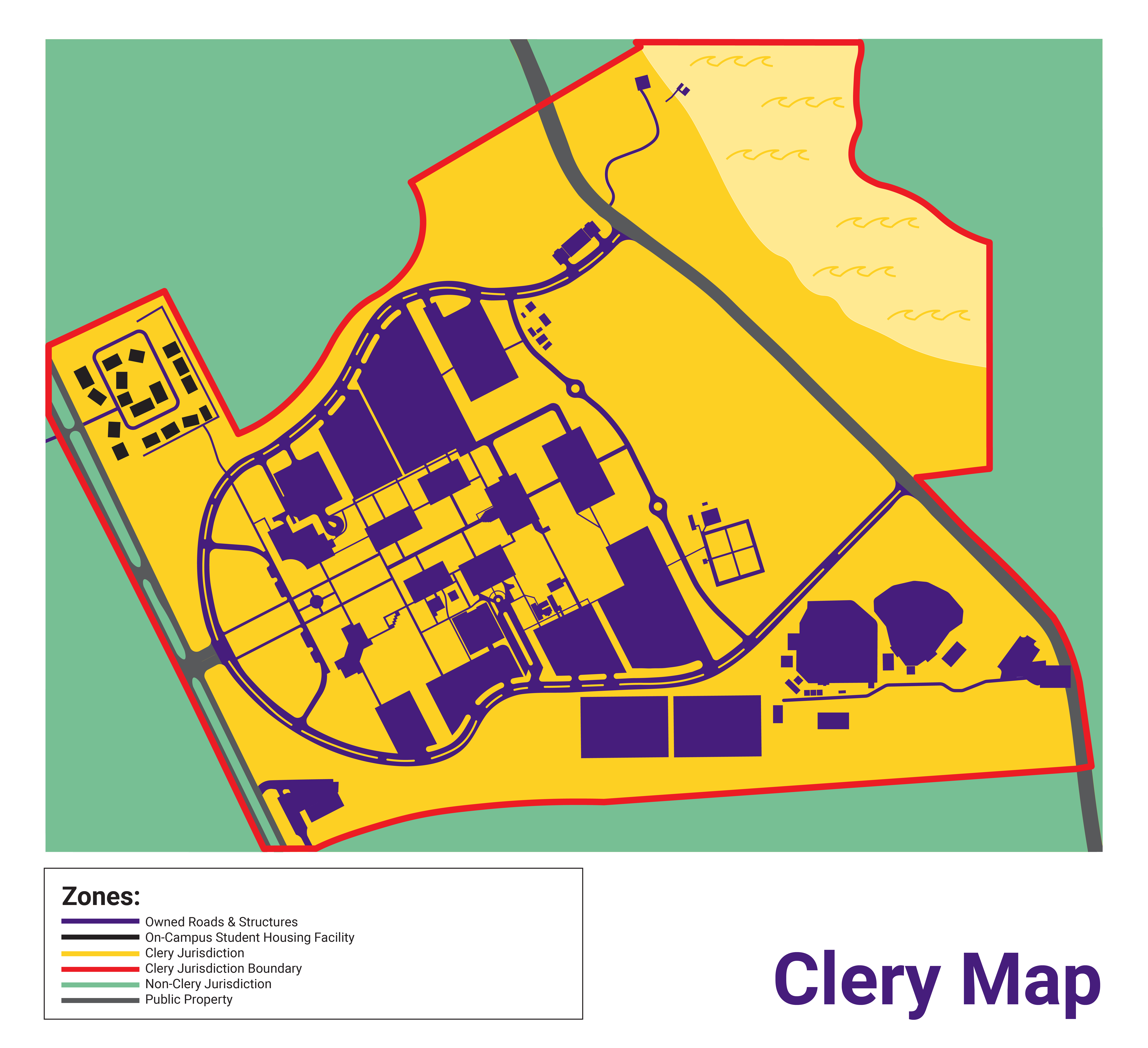Map of reportable locations on LSUS's campus in a accordance with the Clery Act. A color-coded guide indicates LSUS-owned roads and structures, on-campus student housing, Clery jurisdiction, the Clery jurisdiction boundary, non-Clery jurisdiction, and public property on and around LSUS's campus.