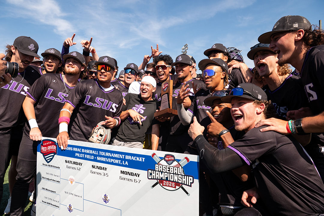 LSUS baseball team celebrating 2025 NAIA Red River Athletic Conference victory