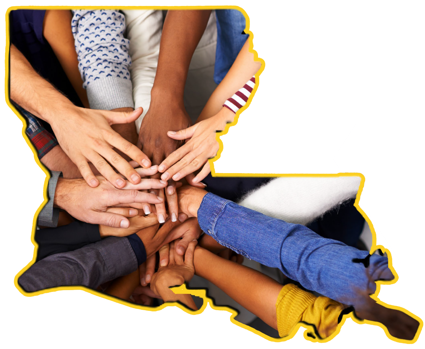 image of louisiana with multiracial hands reading inward together