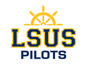 An outdated LSUS pilots athletic logo with a ship wheel above the text &ldquo;LSUS Pilots&rdquo; in blue and gold.