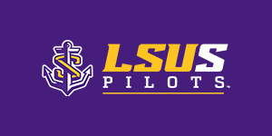 Primary LSUS Athletics logo on a purple background. The letters &ldquo;LSU&rdquo; are in gold, and the letter &ldquo;S&rdquo; and the word &ldquo;pilots&rdquo; are in white. The anchor icon is to the left of the wordmark.