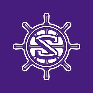 A simple illustration of a ship wheel with the letter &ldquo;S&rdquo; in the center. The wheel and the letter &ldquo;S&rdquo; are purple and white.