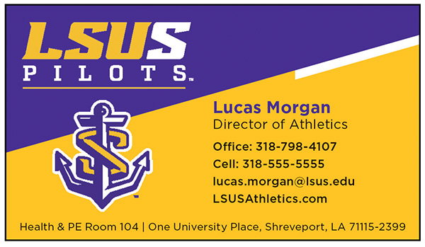 The front of the athletic variation of the LSUS business card. It lists names, titles, emails, phone numbers, addresses, and the LSUS athletics website