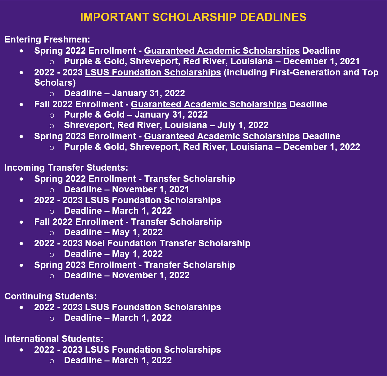 Lsus Academic Calendar 2022 2023 Scholarships