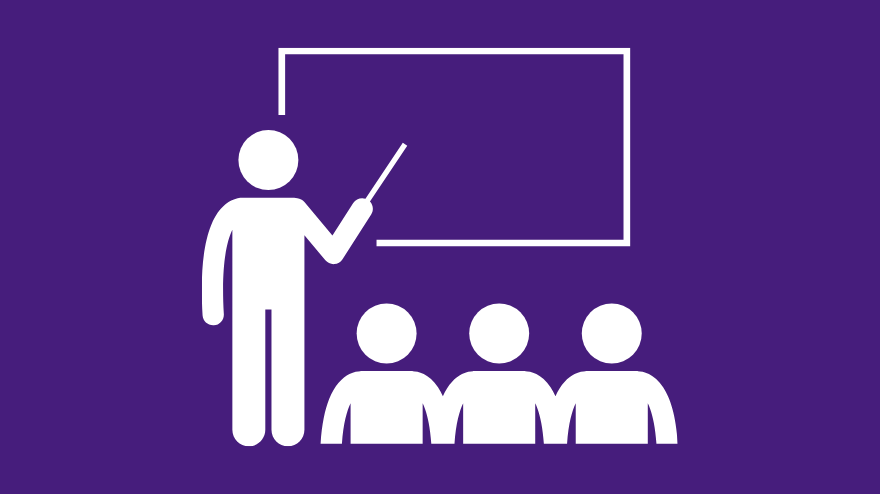 white stick figure points at the board while three stick figures watch