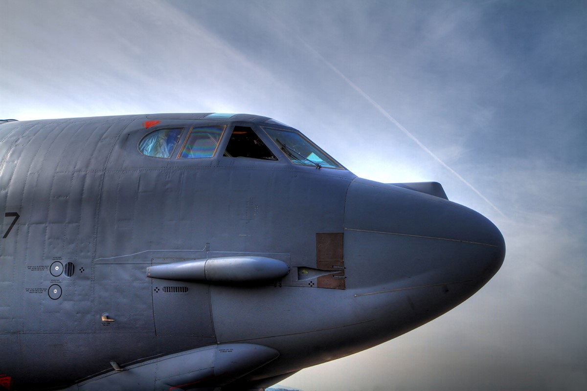 gray nose of a b-52 airplane